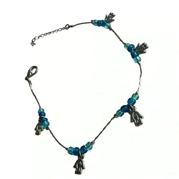 Silver metal beaded hamsa charm evil eye bracket dangle anklet women’s jewelry - Picture 1 of 3